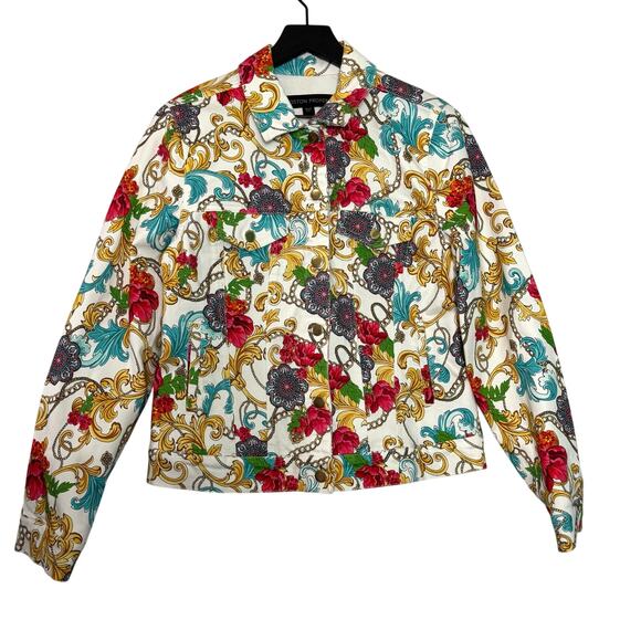 Boston Proper Colorful Medallion Chain Print Denim Jacket Size M - Picture 2 of 6